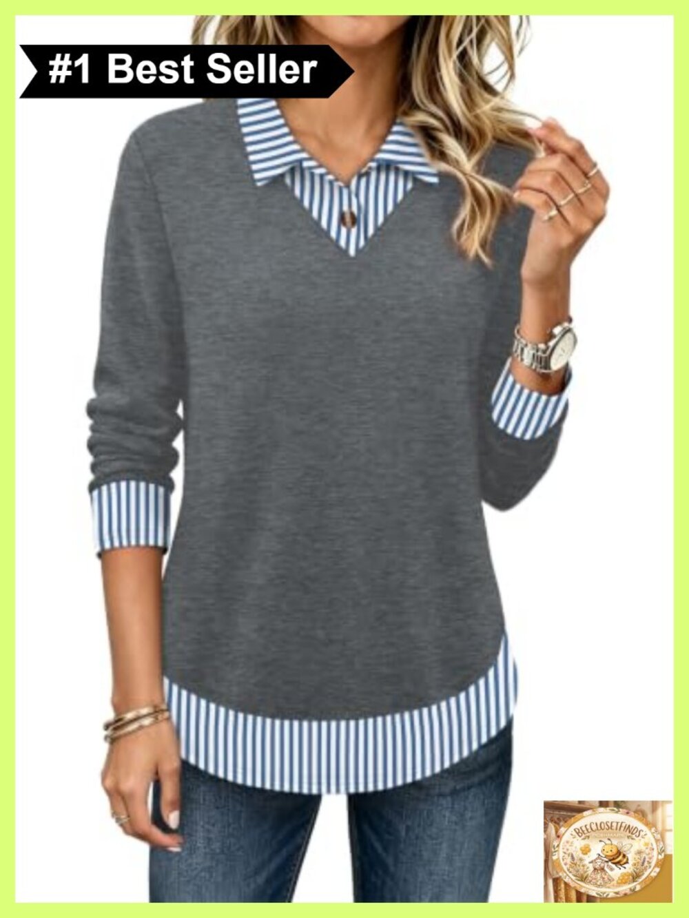 Polo Tunic Top Long Sleeve Mock 2-in-1 Work Blouse